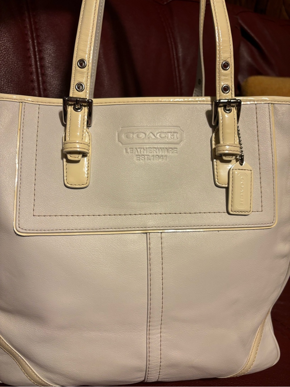 Coach Cream Leather Tote with Patent Trim